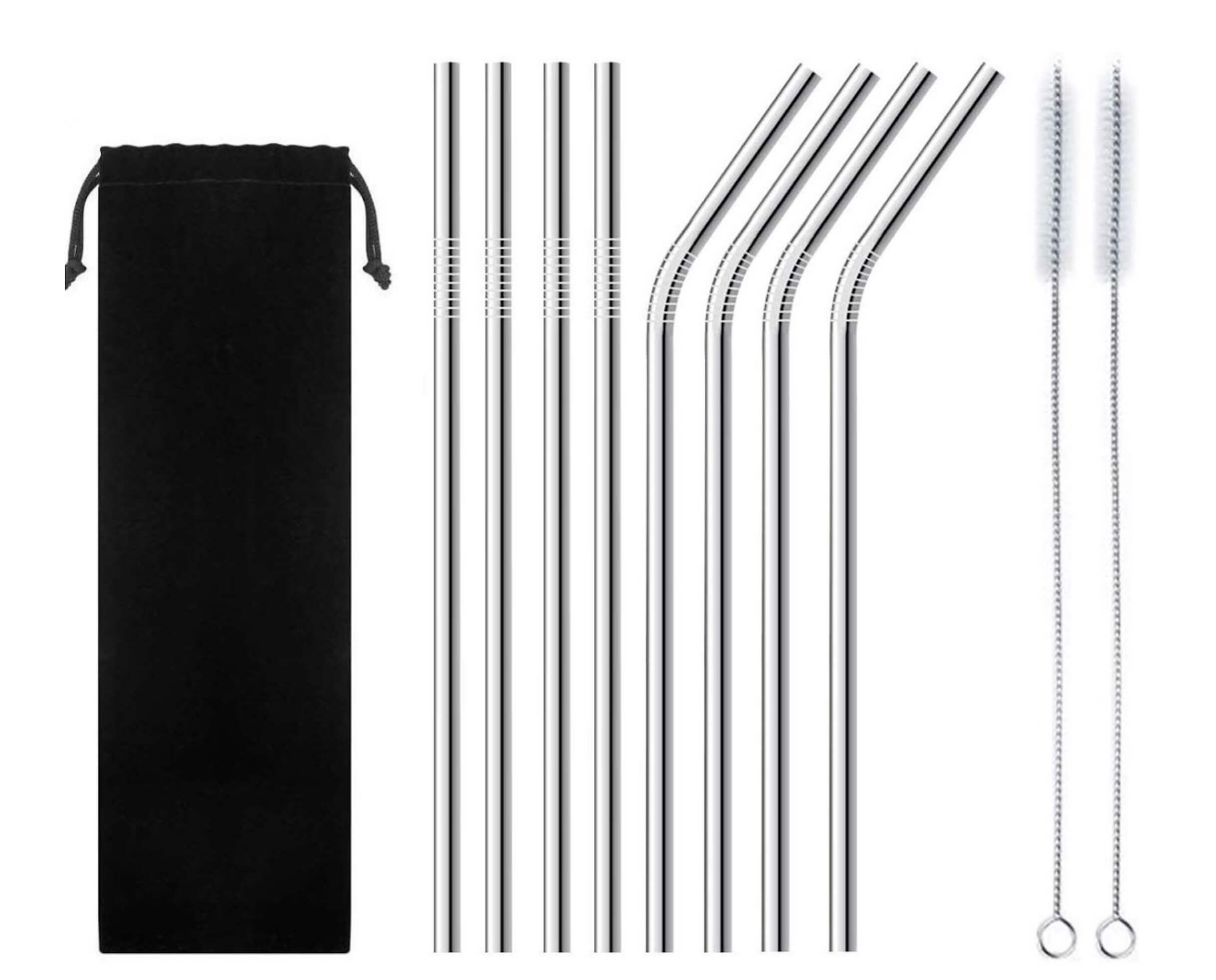Softy Straws Premium Reusable Stainless Steel Drinking Straws with Silicone Tips + Patented Straw Cleaners and Carrying Case - 9 Long Metal with Curv